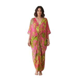 NWT GOLD & SILVER PARIS Pink Tropical Print Embroidered Kaftan Dress